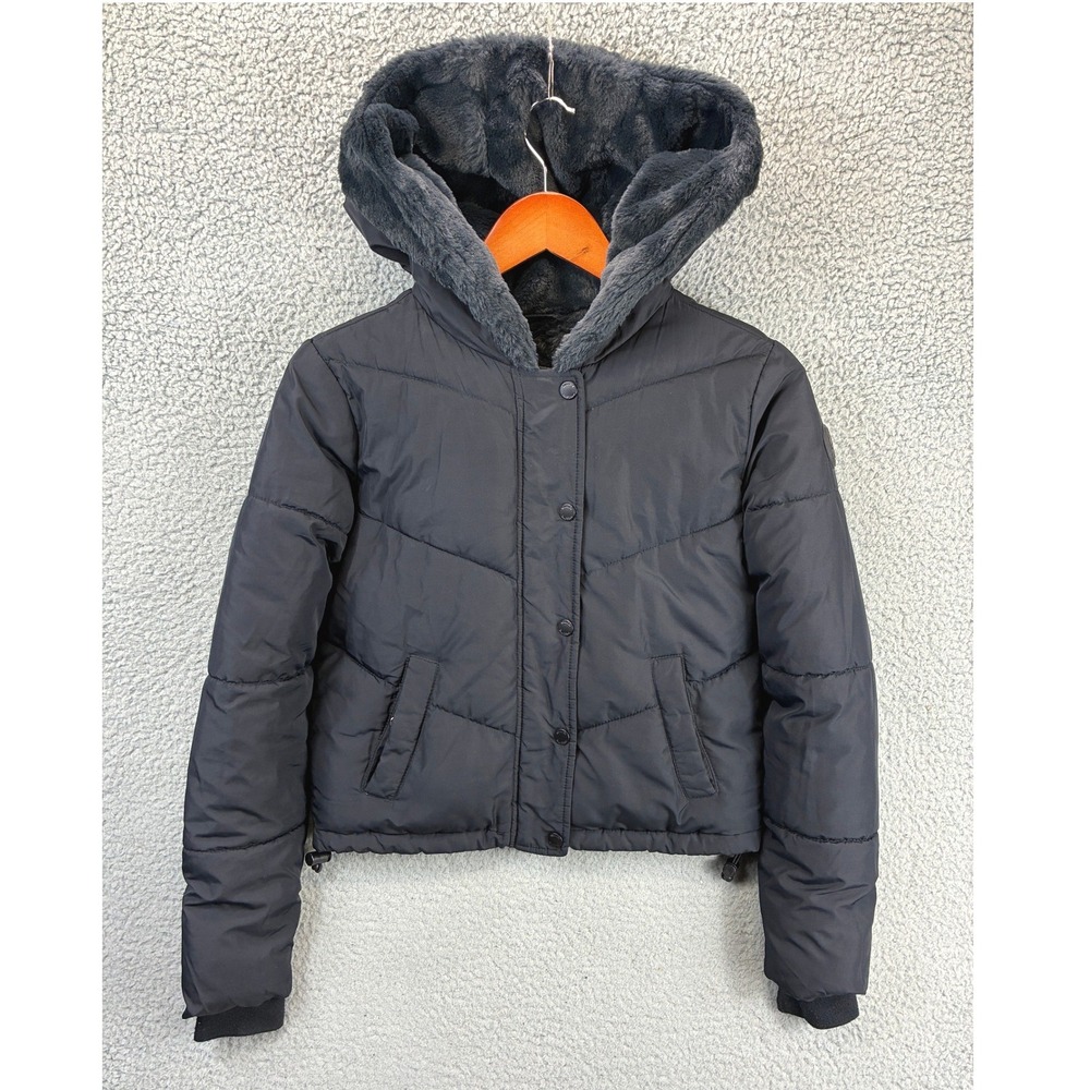 Hollister Ultimate Puffer Jacket Womens XXS Black Faux Fur Hooded Quilted Coat